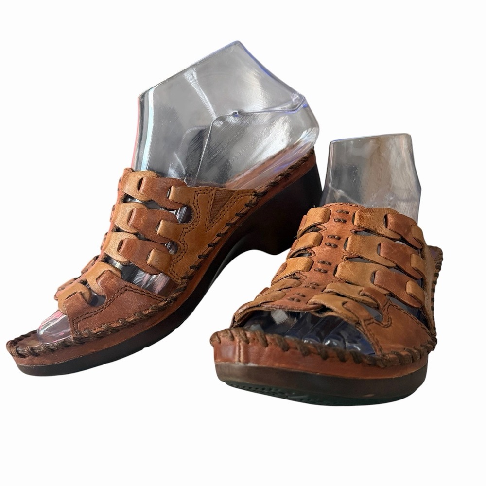 Ariat Womens 6B Brown Leather Woven Wedge Mule Sandals Whipstitch Western Boho - Picture 3 of 12